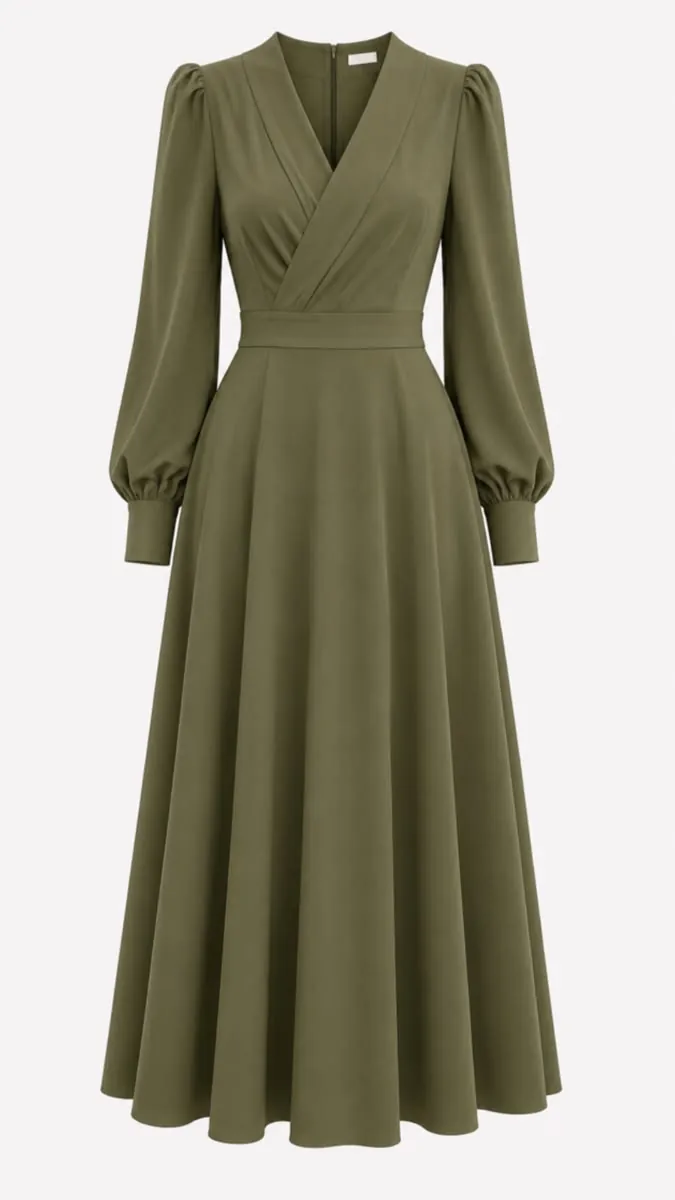 Dress wrap lengan panjang warna olive