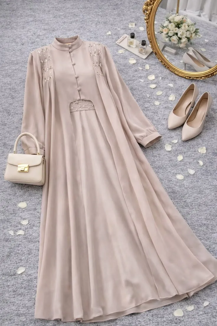Setelan dress beige dengan detail payet