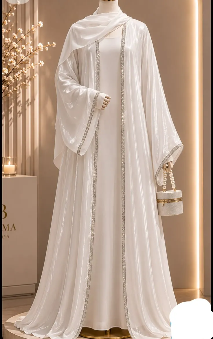 Abaya putih dengan hijab dan list silver, karya ISHMA Tailor